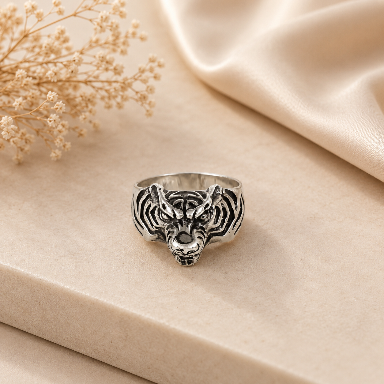 Ritvik Tiger Head Silver Ring For Him