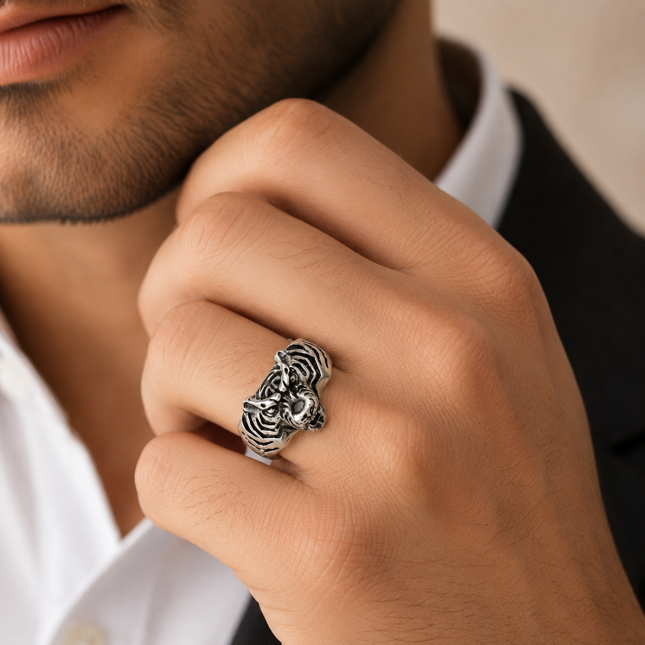 Ritvik Tiger Head Silver Ring For Him