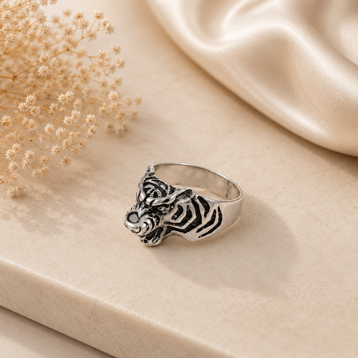 Ritvik Tiger Head Silver Ring For Him