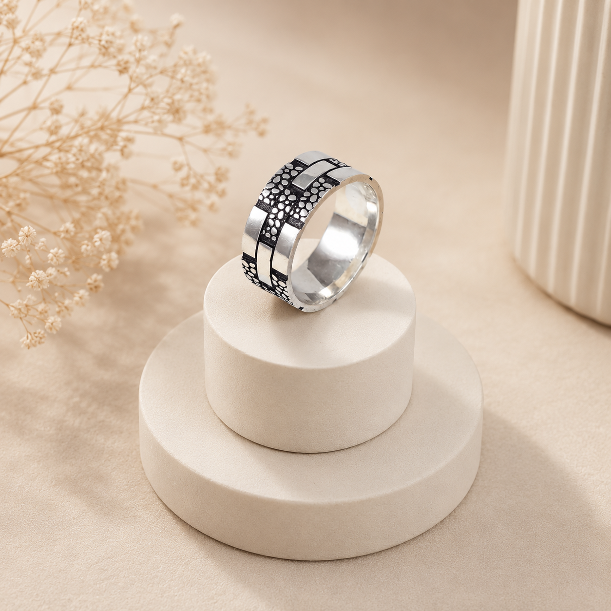 Laksh Geometric Pattern Silver Band For Him