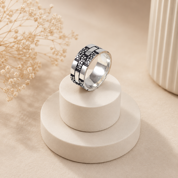 Laksh Geometric Pattern Silver Band For Him