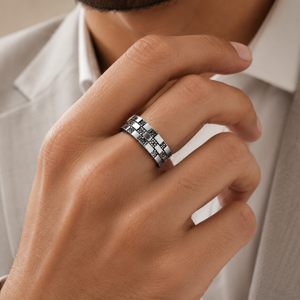 Laksh Geometric Pattern Silver Band For Him