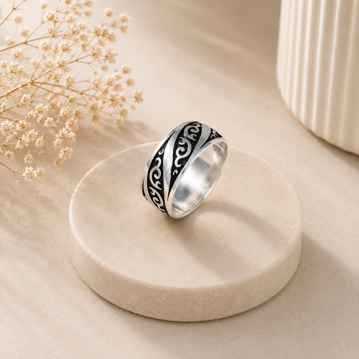 Anvit Elegant Swirl Pattern Silver Band For Him