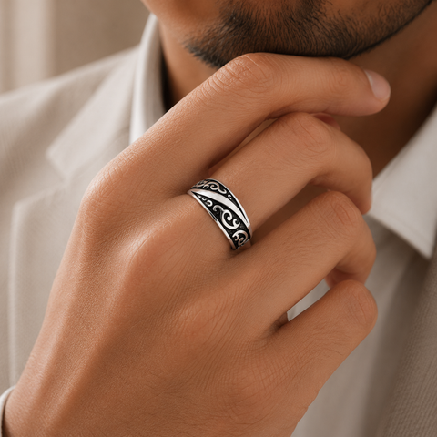 Anvit Elegant Swirl Pattern Silver Band For Him