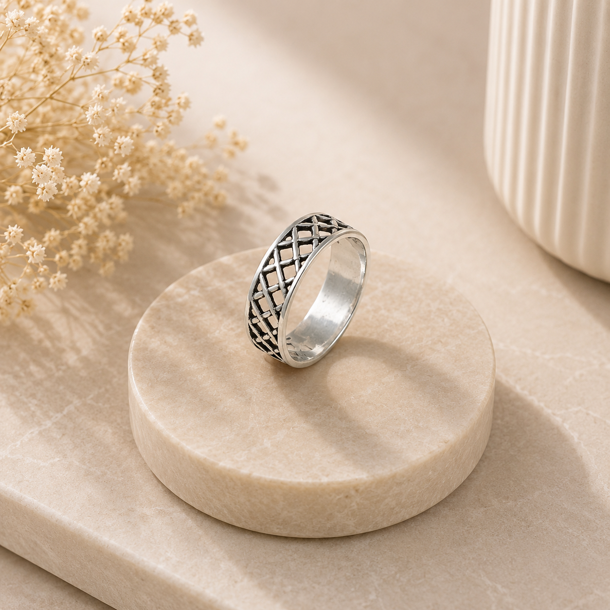 Dhruv Cross Grid Silver Band For Him