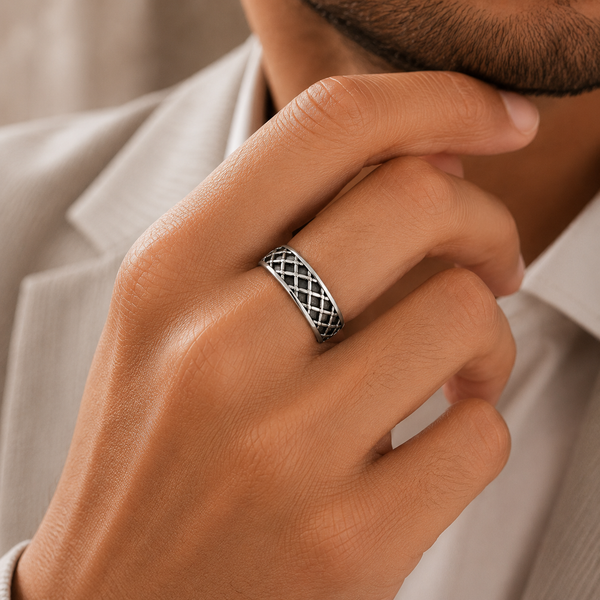 Dhruv Cross Grid Silver Band For Him