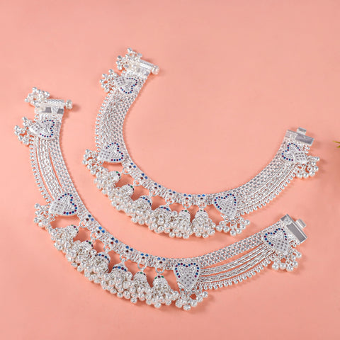Kriti Blue Stone Heart Silver Anklets