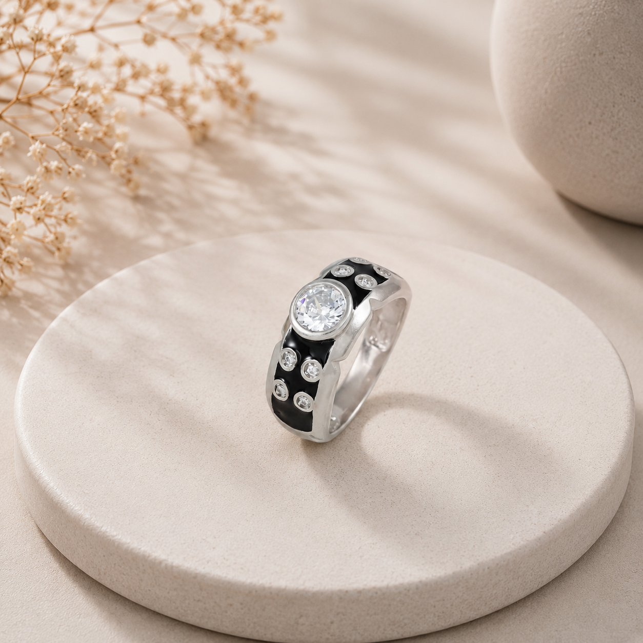 Dilip Black Enamel Stone Silver Ring For Him