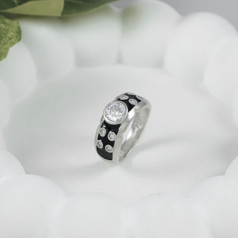 Dilip Black Enamel Stone Silver Ring For Him