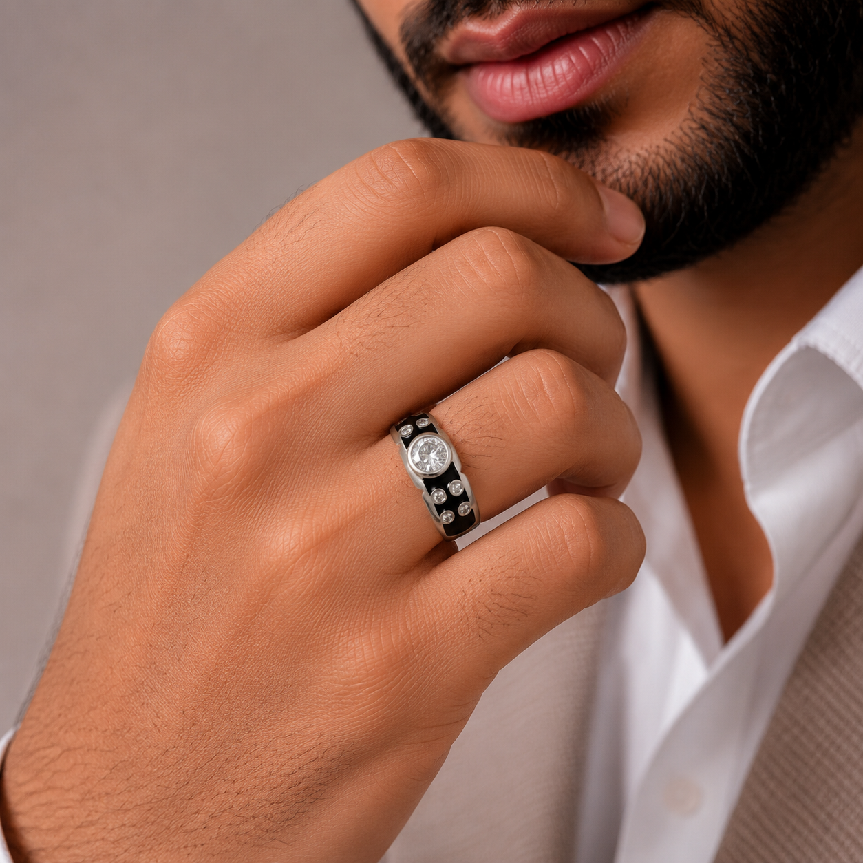 Dilip Black Enamel Stone Silver Ring For Him