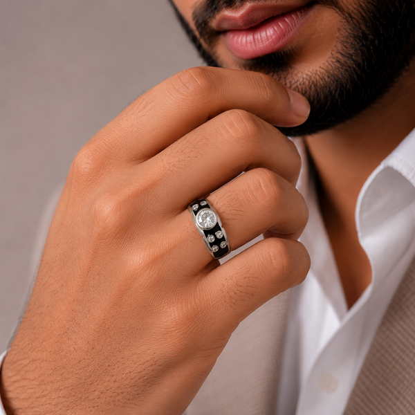 Dilip Black Enamel Stone Silver Ring For Him