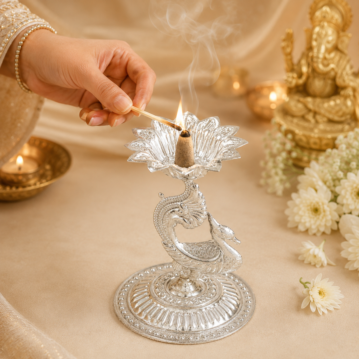 Priyal Peacock Silver Diya
