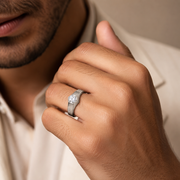 Aarv Radiant Hex Silver Ring For Him