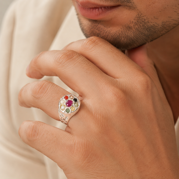 Rashi Navratna Silver Ring For Him