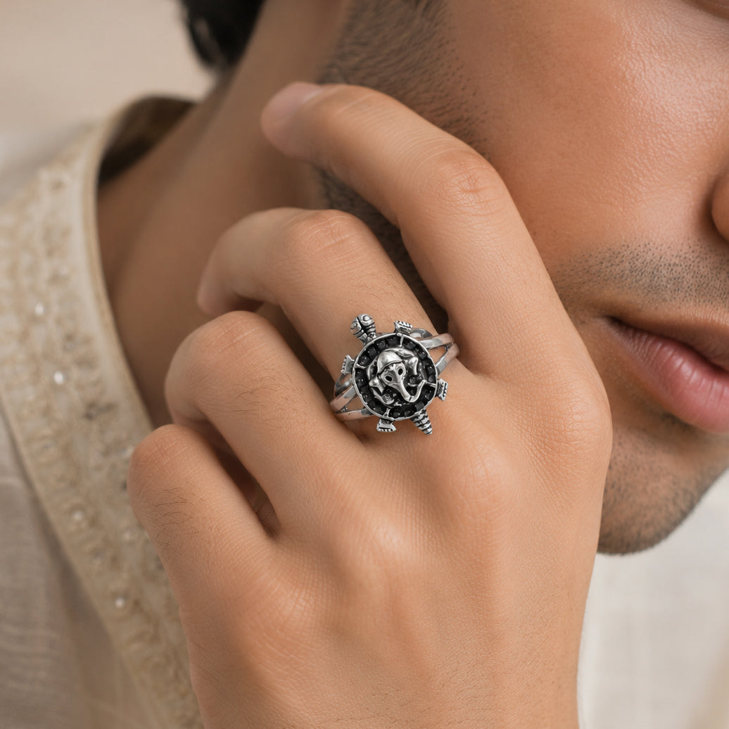 Harsh Divine Ganpati Turtle Silver Ring For Him
