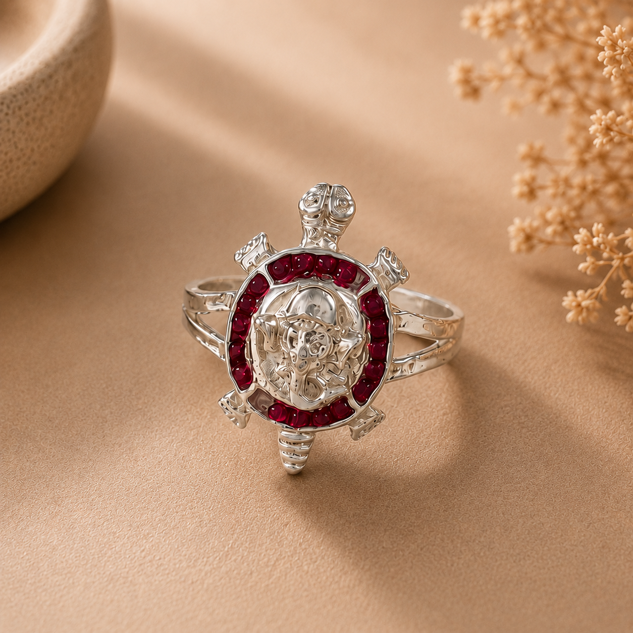 Ganpati Turtle Silver Ring With Red Stones For Him