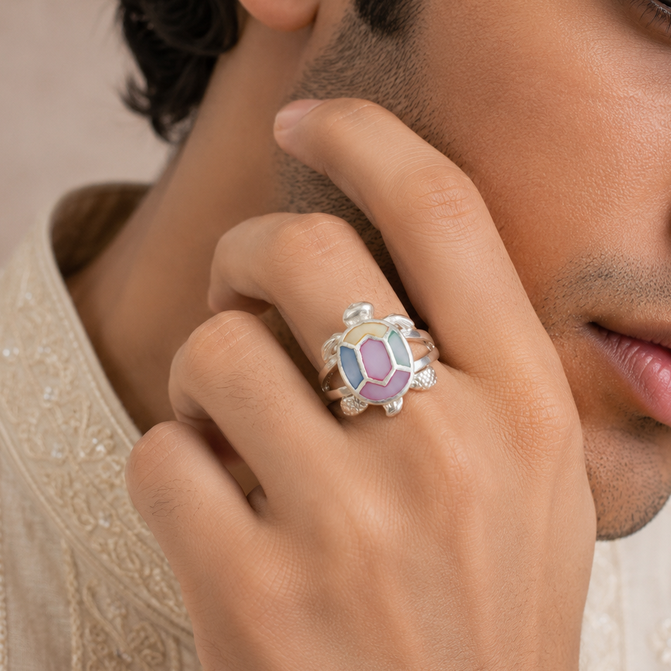 Colorful Turtle Charm Silver Ring For Him