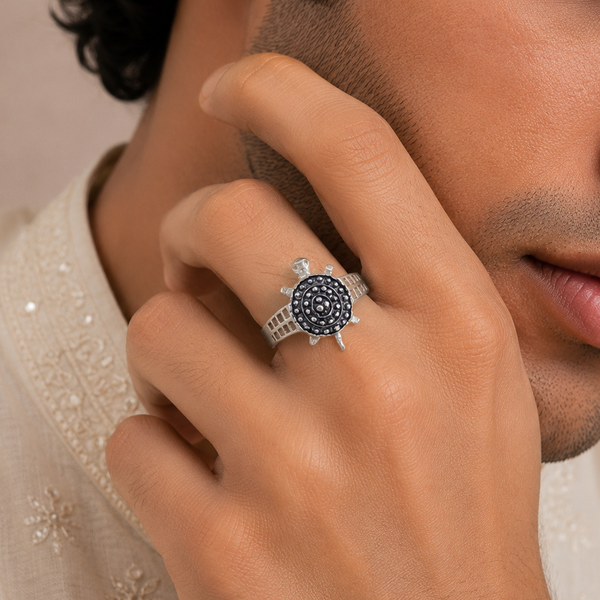 Tribal Turtle Pattern Silver Ring For Him