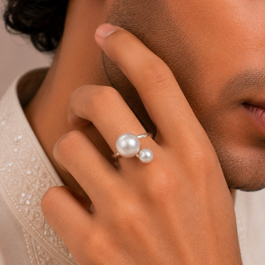 Pranav Double Pearl Silver Ring For Him