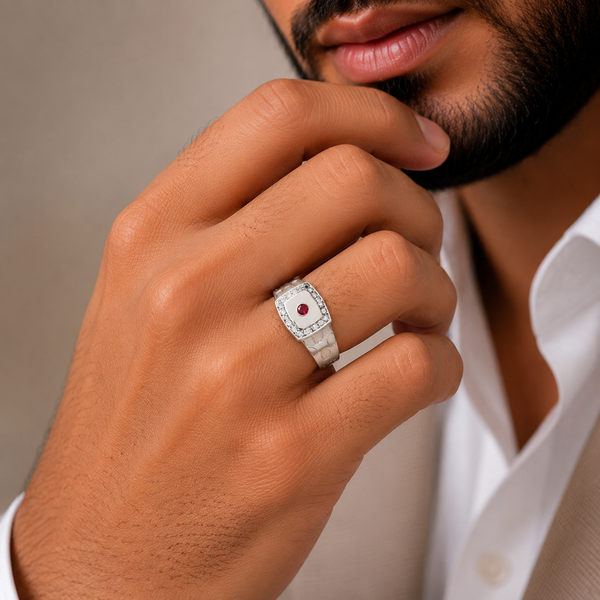 Rishan Crimson Stone Silver Ring For Him