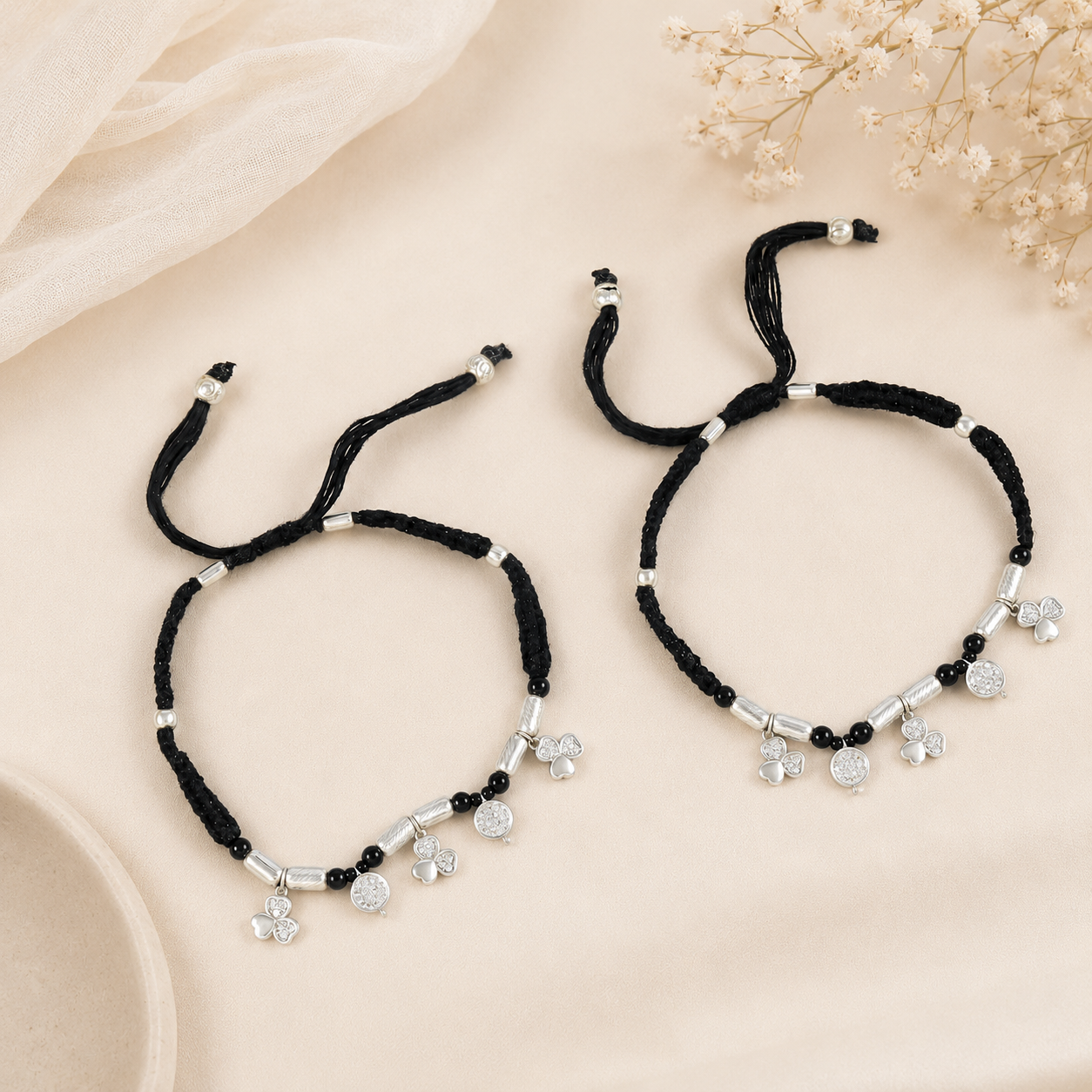Zivara Black Thread Heart Drop Silver Anklets