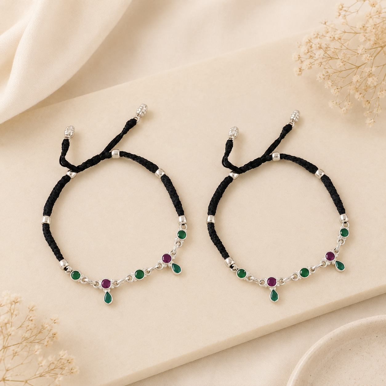 Black Thread Color Drop Silver Anklets