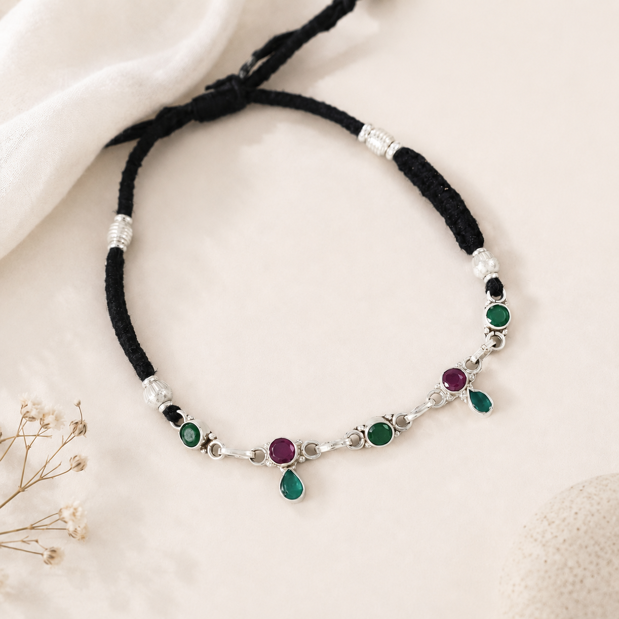 Shreya Ethnic Stone Chain Silver Anklets