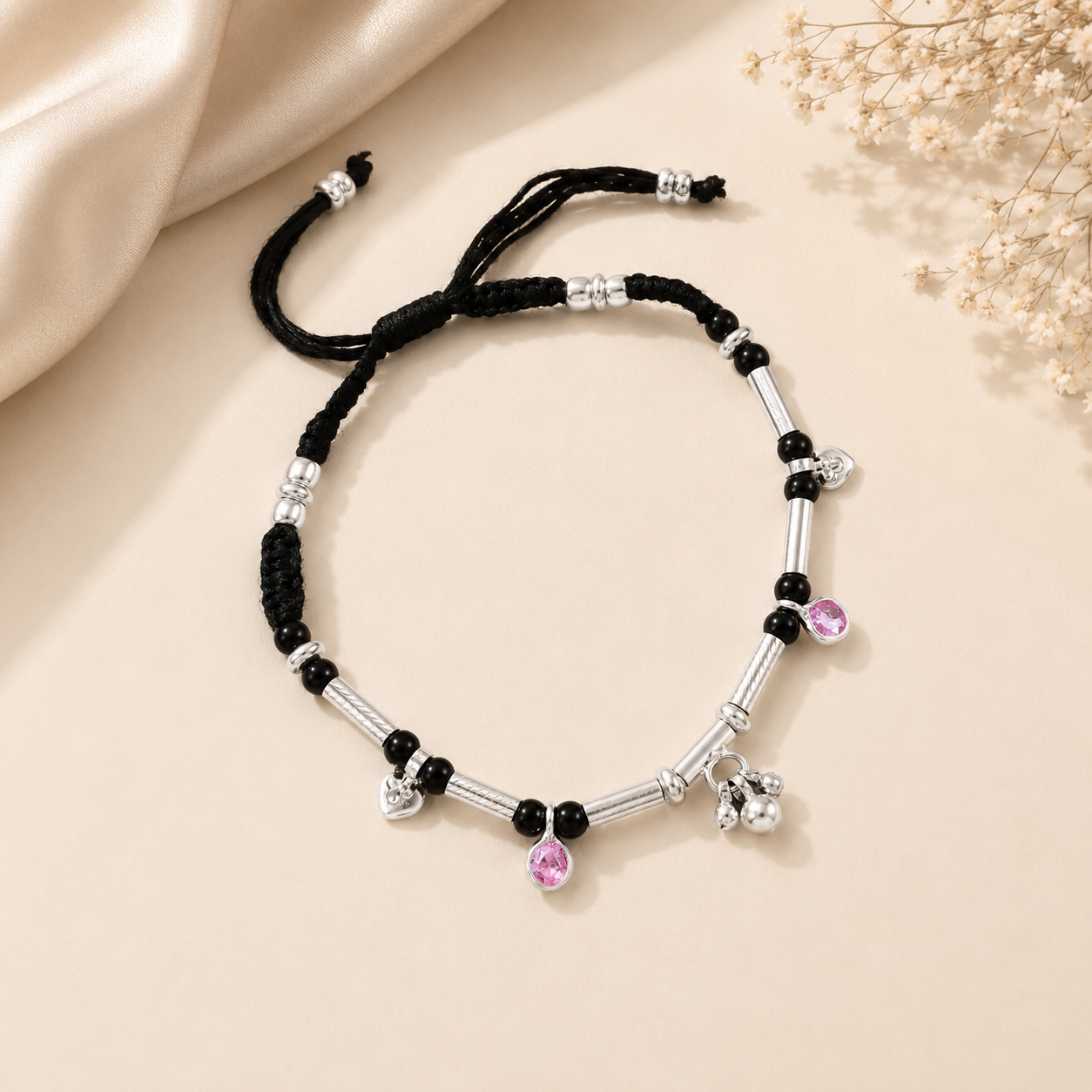 Shweta Pink Charm Thread Silver Anklets