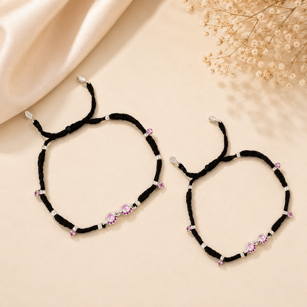 Delicate Black Thread Silver Anklets With Pink