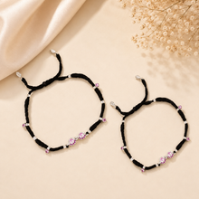 Delicate Black Thread Silver Anklets With Pink