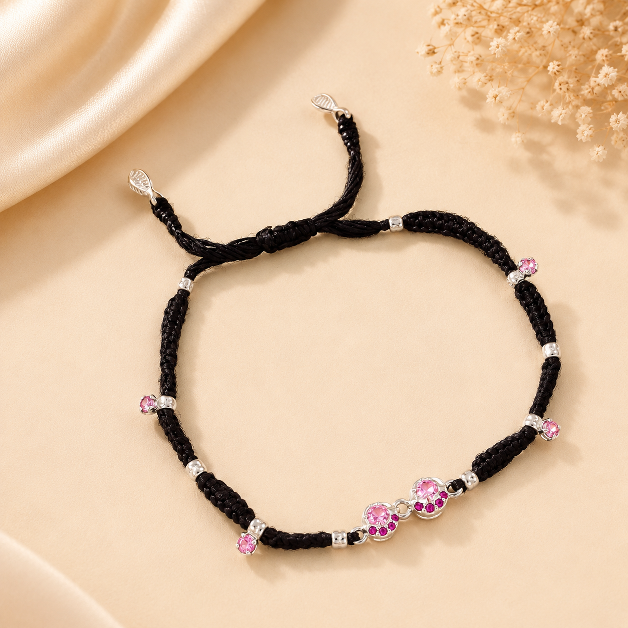 Delicate Black Thread Silver Anklets With Pink