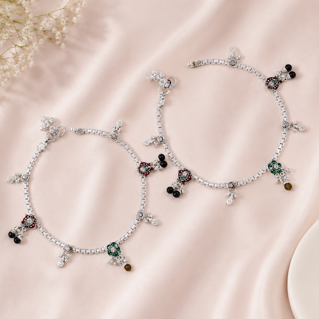 Pooja Noor Beaded Silver Anklets
