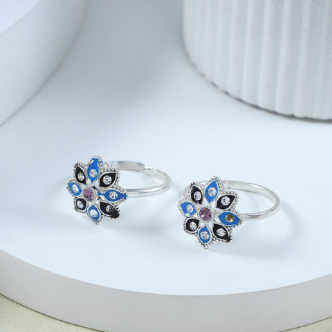 Seema Blue Floral Silver Toe Rings
