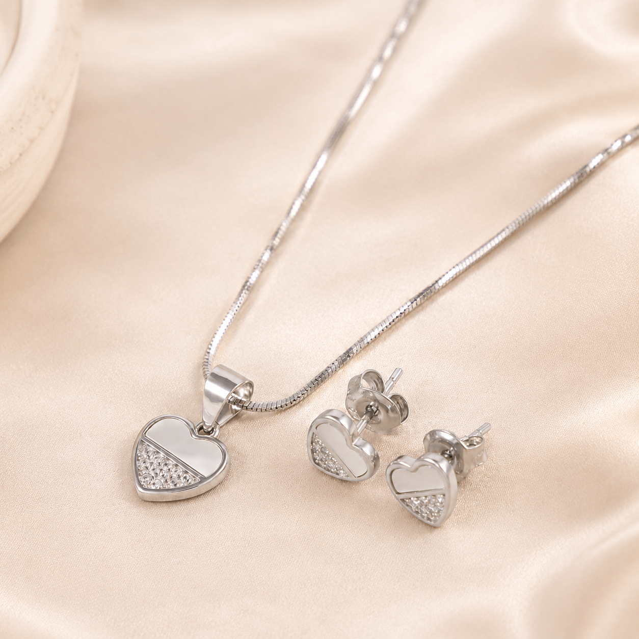 Teena Crystal Heart Silver Pendant Set