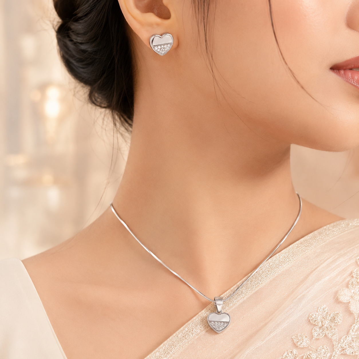 Teena Crystal Heart Silver Pendant Set