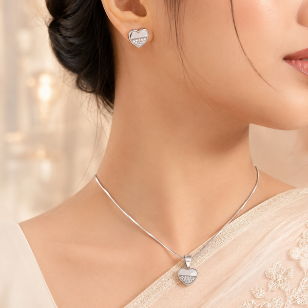 Teena Crystal Heart Silver Pendant Set