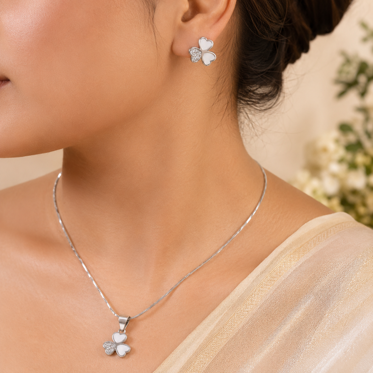 Jiya Heart Charm Silver  Pendant Set