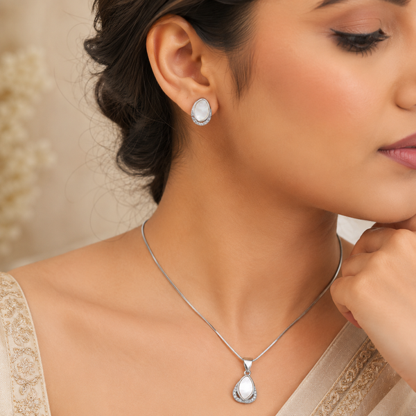 Reena Pearl Drop  Silver Pendant Set