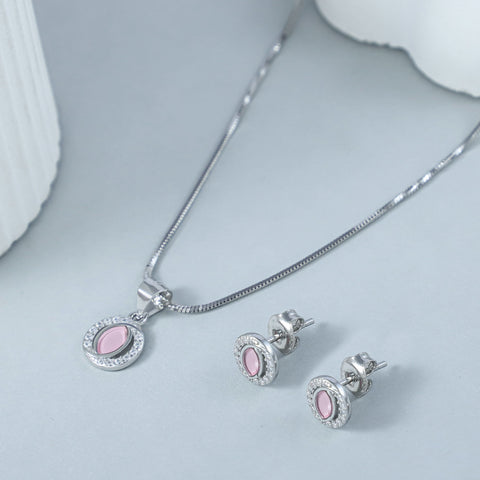 Aarohi Pink Oval Silver Pendant Set