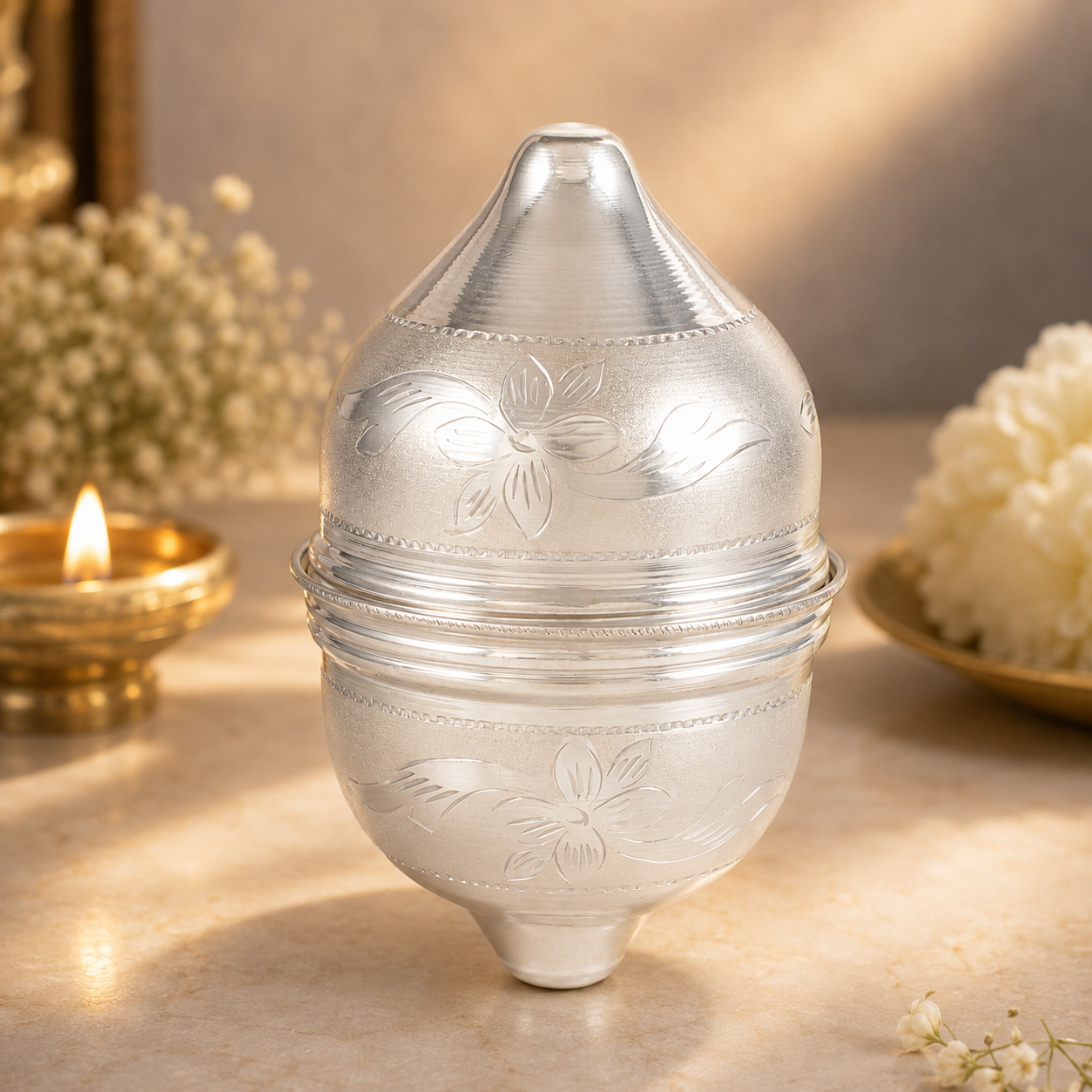 Auspicious Floral Silver Nariyal