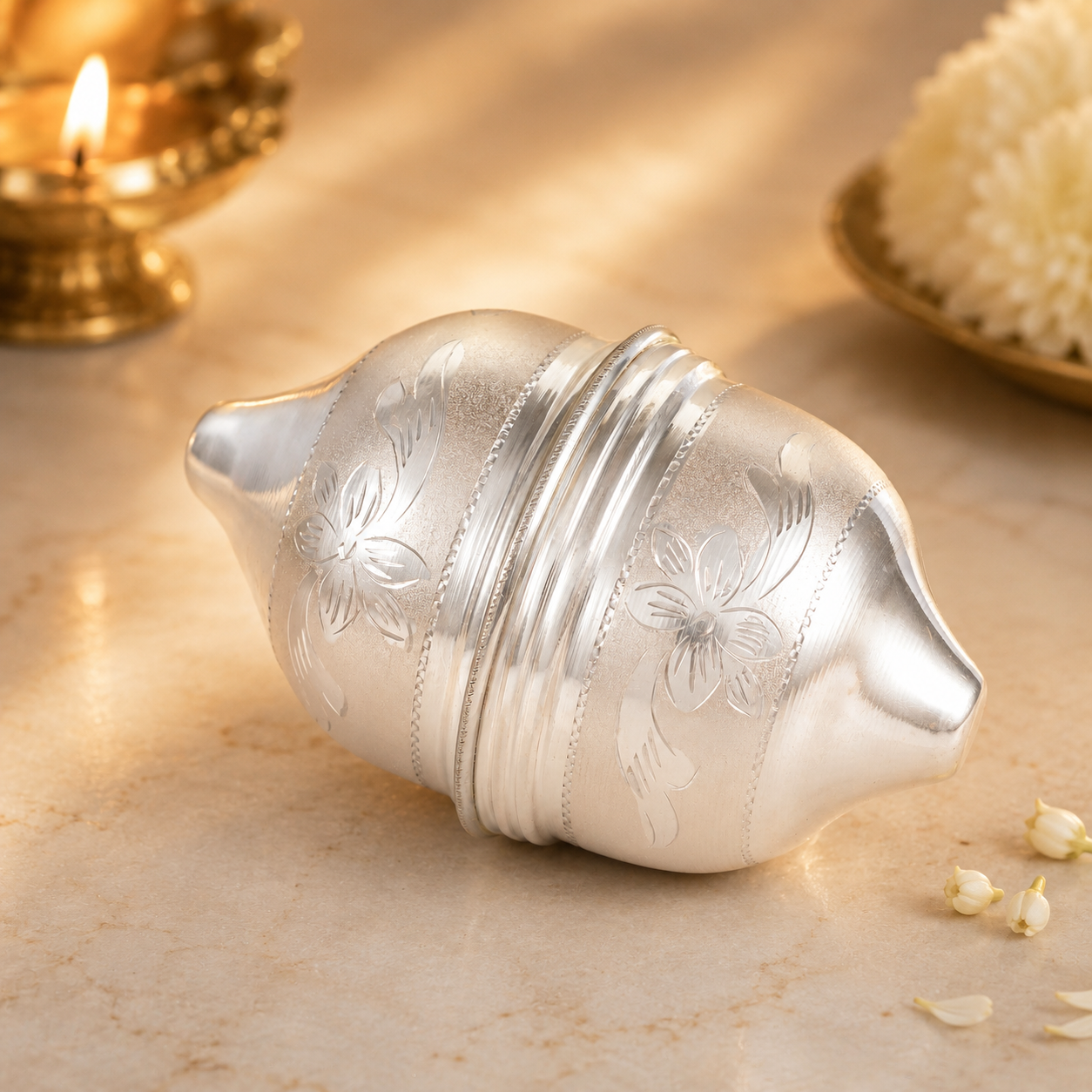 Auspicious Floral Silver Nariyal