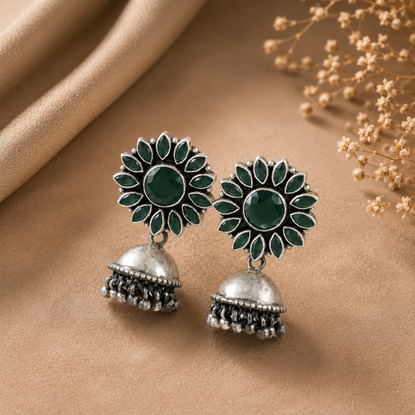 Aamaya Verdant Petal Silver Jhumki