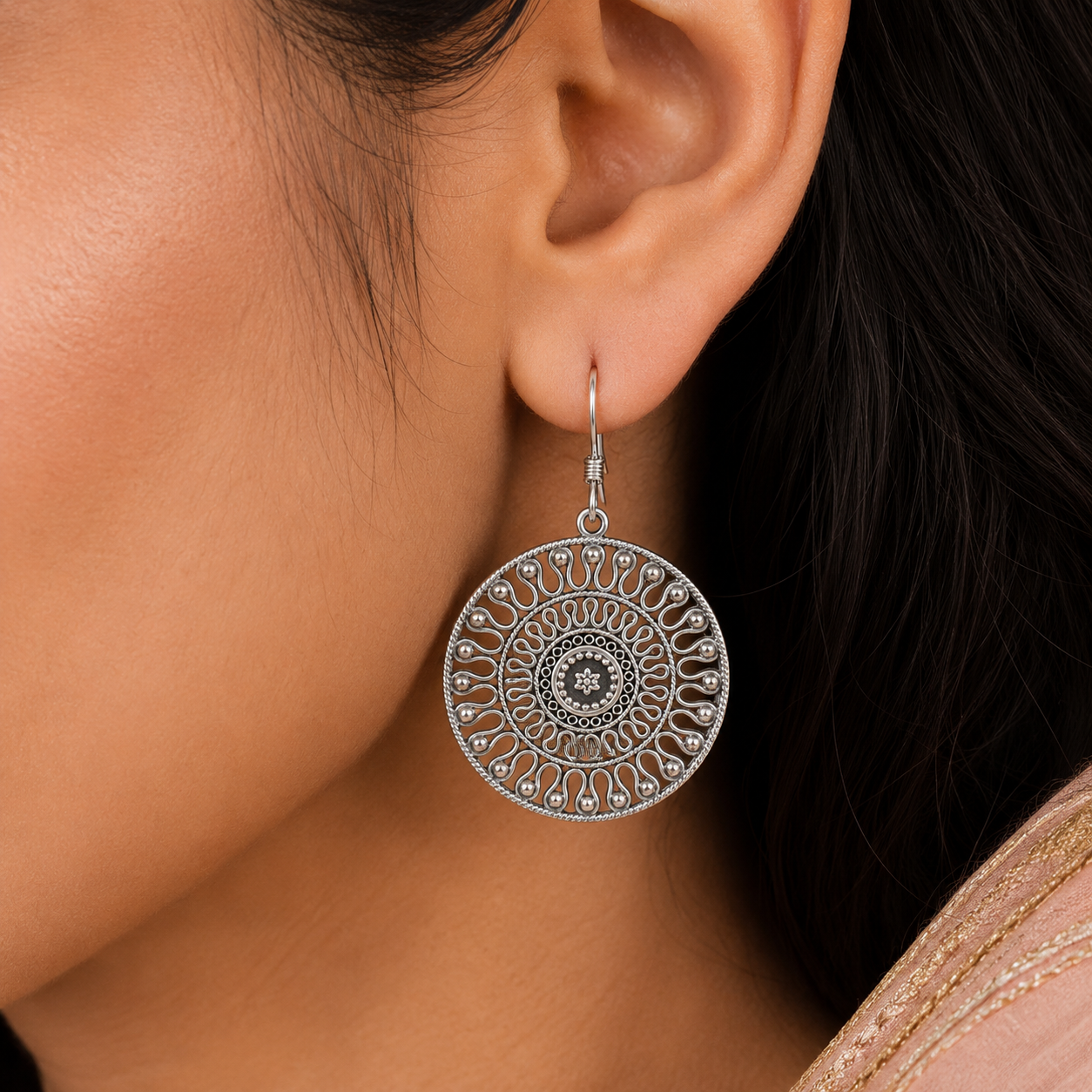 Eshani Mandala Round Silver Earrings