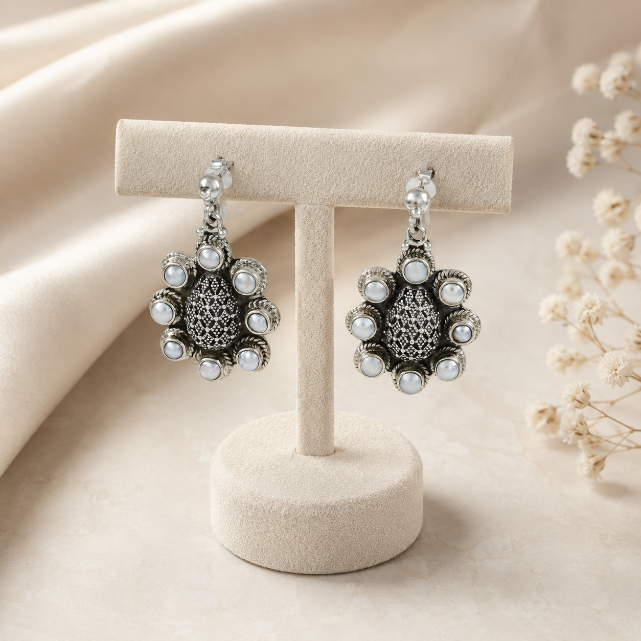 Garima Floral Pearl Silver Earrings