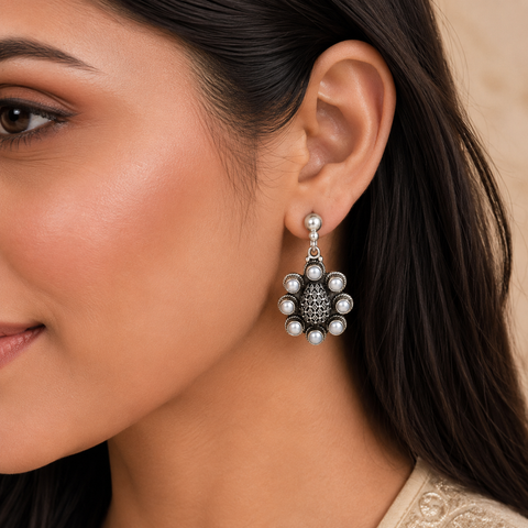 Garima Floral Pearl Silver Earrings