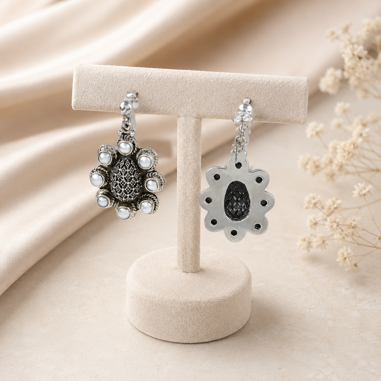 Garima Floral Pearl Silver Earrings