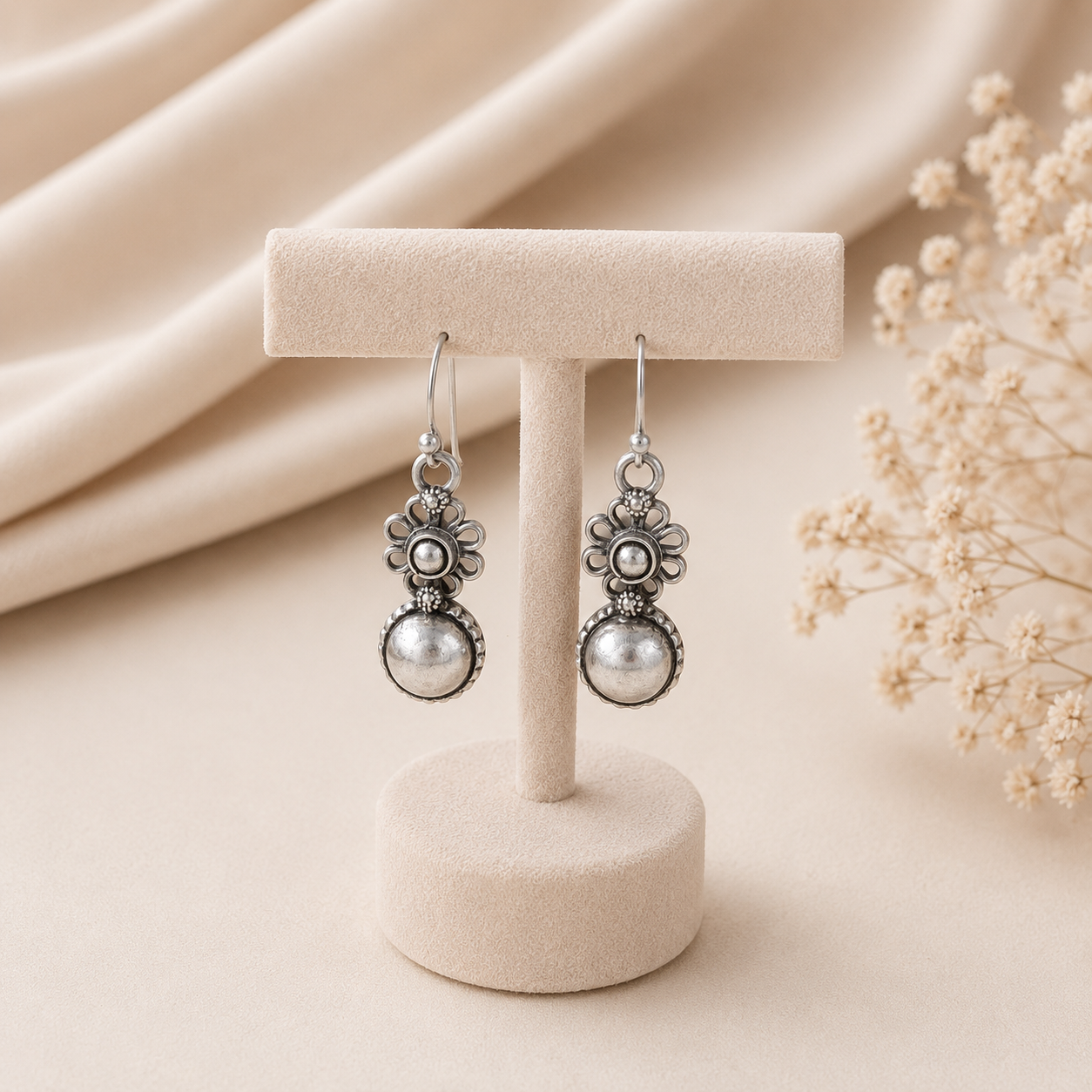 Inaaya Ethnic Floral Danglers Silver Earrings