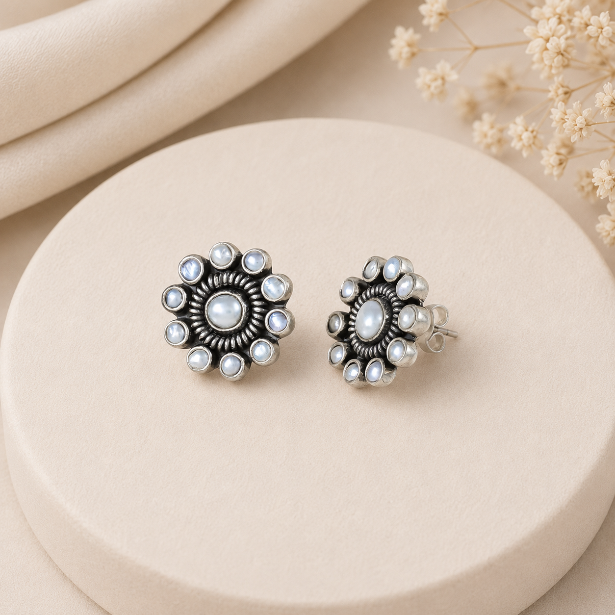 Kavya Vintage Style Pearl Silver Earrings
