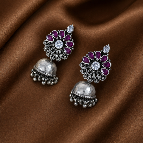 Sanvi Vintage Pink Petal Silver Jhumki