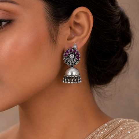 Sanvi Vintage Pink Petal Silver Jhumki
